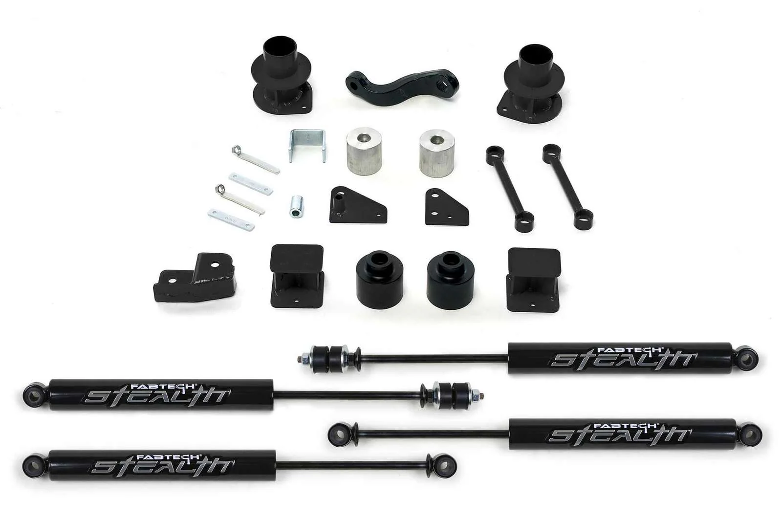 Fabtech 3" Spacer System w/Stealth Shocks Kit for 2007-2018 Jeep Wrangler JK 4WD w/3" lift