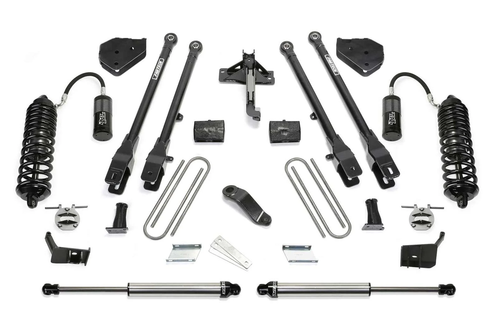 Fabtech 4" 4 Link System w/Front Dirt Logic 4.0 Coilovers w/Reservoir & Rear 2.25 Shocks Kit for 2017-2024 Ford F250 Super Duty 4WD w/4" lift